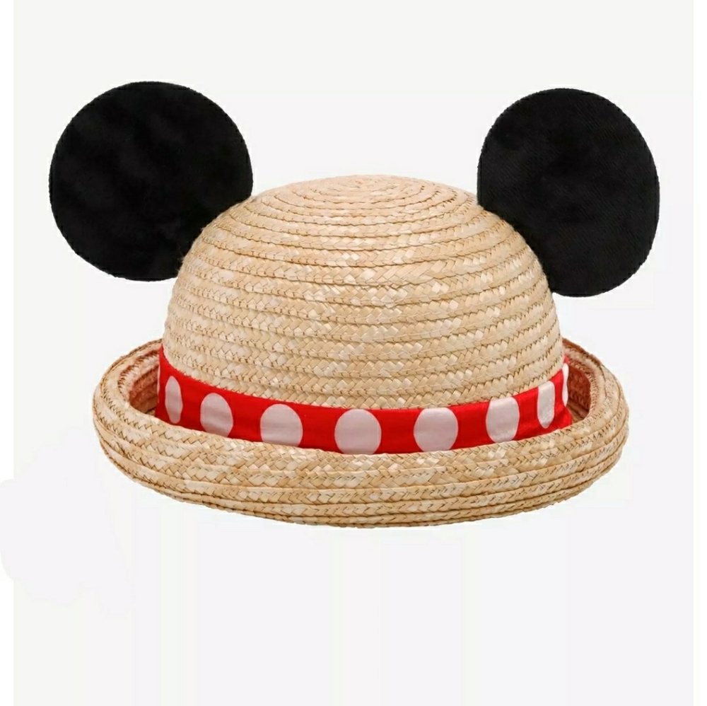 Disney Minnie Mouse 3D Ear Straw Hat Ears Bow Bowler Derby Polka Dot - Picture 2 of 2